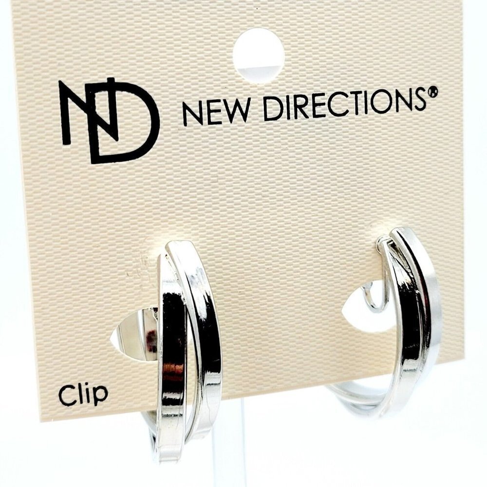 New Directions Crossing Double Hoop Earrings Clip On Polished Silver Tone NEW